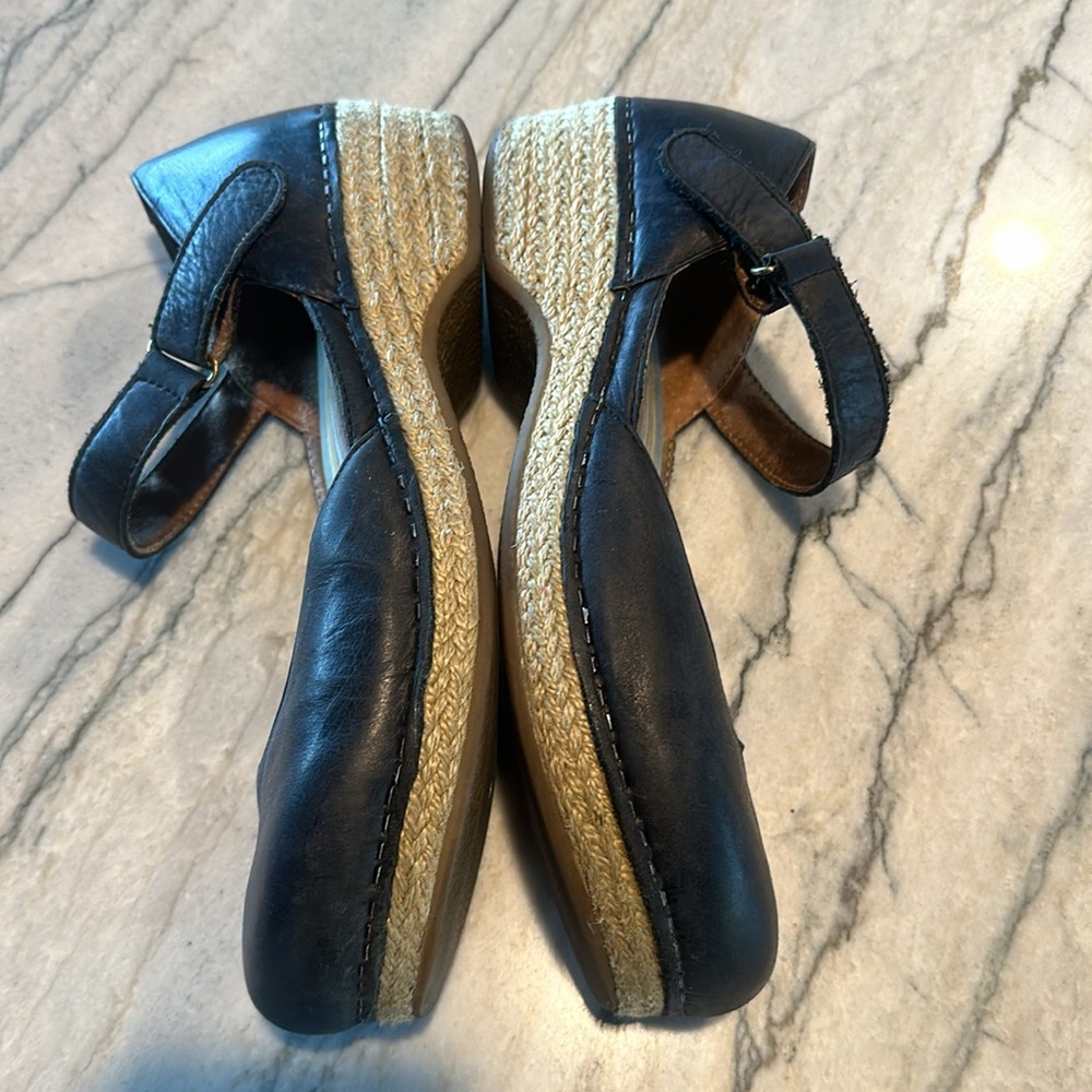 Dansko Black Leather Mary Jane Espadrille Wedges with Striped Insole - Picture 6 of 7